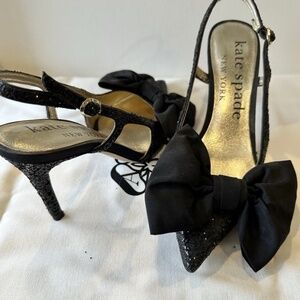 KATE SPADE Black Silk Sparkle Bow Heels Women's Size 6 Evening Pumps